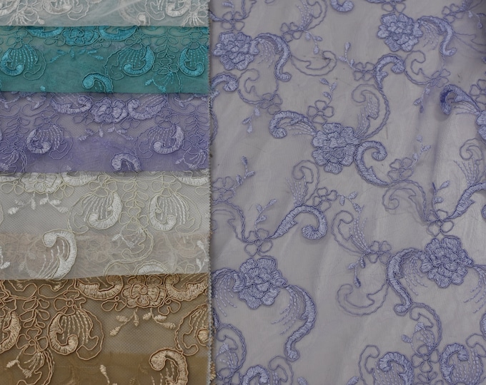 Embroidered floral Lace fabric, In 5 colors White Seafoam Lilac Ivory Champagne. for Wedding, Drapery, Tablecloths, Decor,  Dress, Bedding