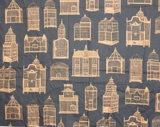 Schumacher Fabric Cage a Oiseaux Screen print Cotton with Large Victorian Bird Cages, Black & gold, 1.1/8 yd pc,