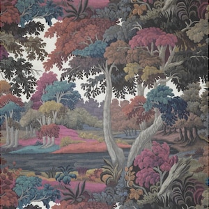May include: A colorful forest scene wallpaper featuring a variety of trees with foliage in shades of red, blue, purple, and yellow. The design includes a river and a white background, creating a vibrant and detailed landscape.