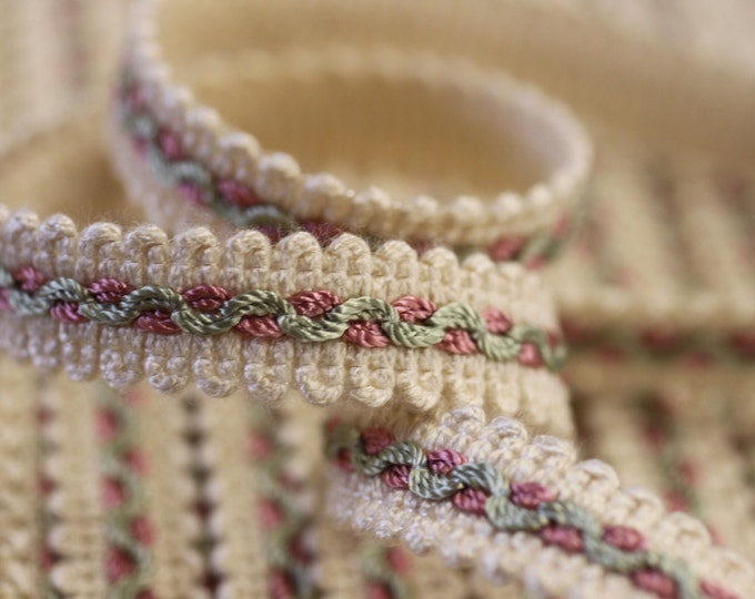 Trim Gimp, Upholstery gimp, For drapery, Upholstery, lamp shade, Hats, Home decor,1/2" wide, ivory w/green/pink, Style 2110 Col 150,