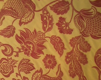 Fabric Upholstery Drapery, Vintage Embroidered Crewel look, 54" w, Reversible can be used on both sides, Raspberry red w/gold background,