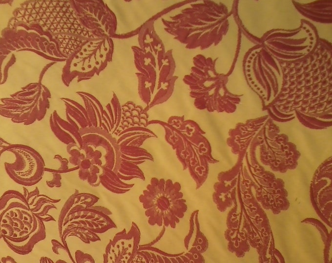 Fabric Upholstery Drapery, Vintage Embroidered Crewel look, 54" w, Reversible can be used on both sides, Raspberry red w/gold background,