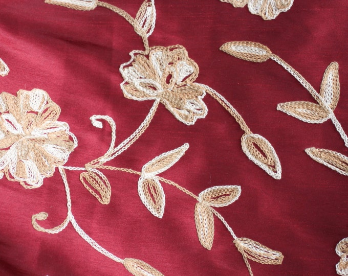 Crewel Embroidered Fabric, Burgundy, width 54", Burgundy/ Tan/ Gold,