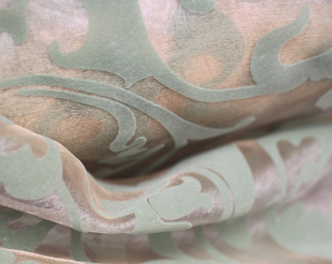 Fabric, Printed Sheer, Flock Velvet on iridescent organza sheer, 54", for Drapery, Dress, Table Decor- Consume Celadon,