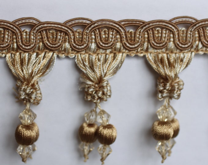 Ball Tassel fringe w/bead, Gold/ivory, 3.3/4" H,