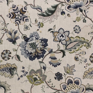 May include: A beige fabric with a blue and green floral pattern. The flowers are stylized and have a paisley-like design.
