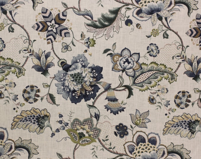 Fabric Jacobean Floral Blue, by country curtains, Linen fabric- for Drapery, Bedding, Light Upholstery, Slip Cover,