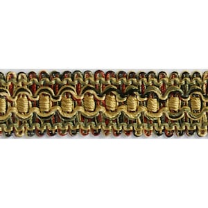 May include: Gold, green, black, and red woven trim with a repeating pattern.