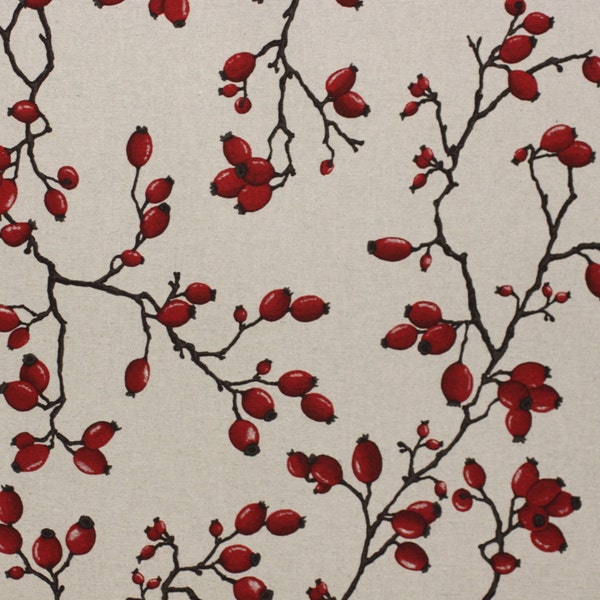 Fabric Berry Print, Eglantier Toile Savoie Rouge By STOF,  For Drapery, Bedding, Upholstery, Slip cover, Hand Bags, Home Decor,