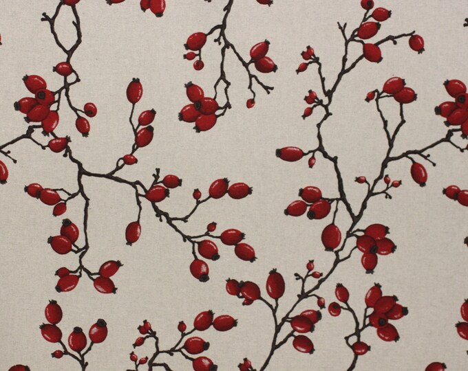 Fabric Berry Print, Eglantier Toile Savoie Rouge By STOF,  For Drapery, Bedding, Upholstery, Slip cover, Hand Bags, Home Decor,
