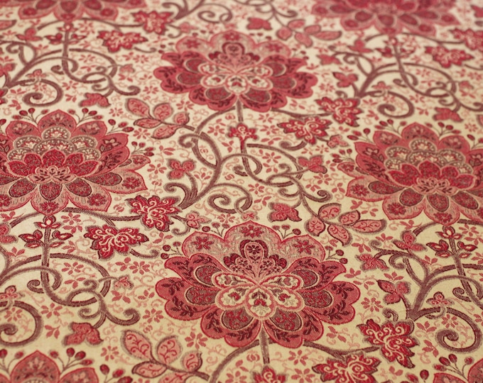 William Red fabric, Red flowers on Gold background, woven, for Bedding, drapery, Upholstery,