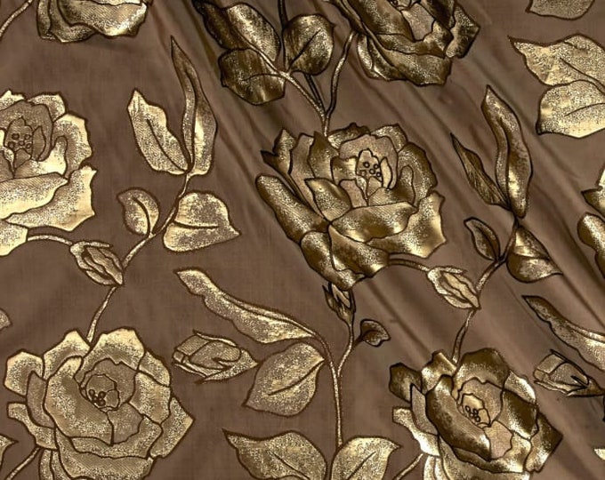 Fabric, Roses Point Taupe, Rose w/ gold Metallic, Silk Look, For Drapery, Bedding, Dress, Wedding decorating,