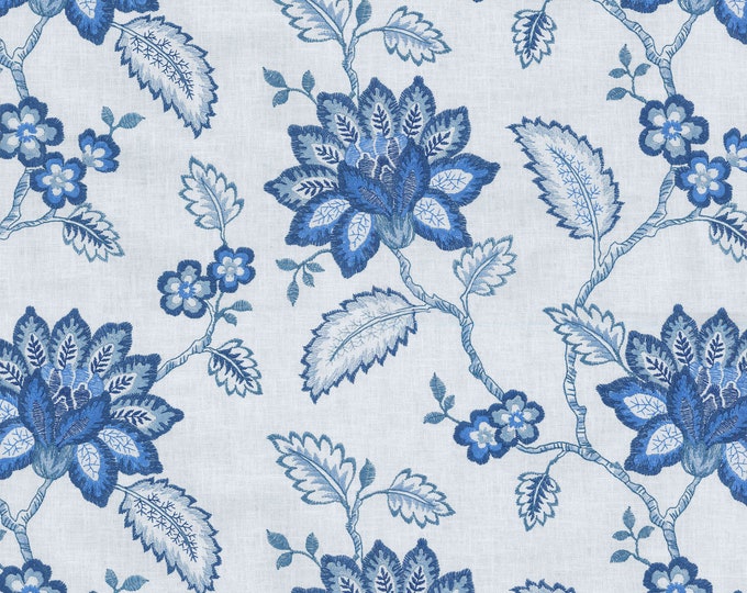 Norbar Fabric Palermo Delft, Embroidered  Floral print fabric, 2 yds min order, Good for Drapery, Bedding, Pillows,