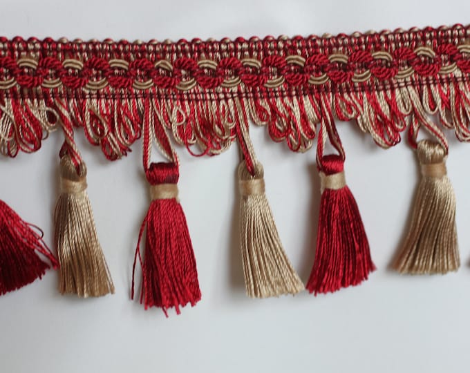 Trim, Tassel Fringe, Red/Burg/Gold, 3" high, Home decor tassels, For Drapery. Tablecloth, Upholstery, Lamp shade,
