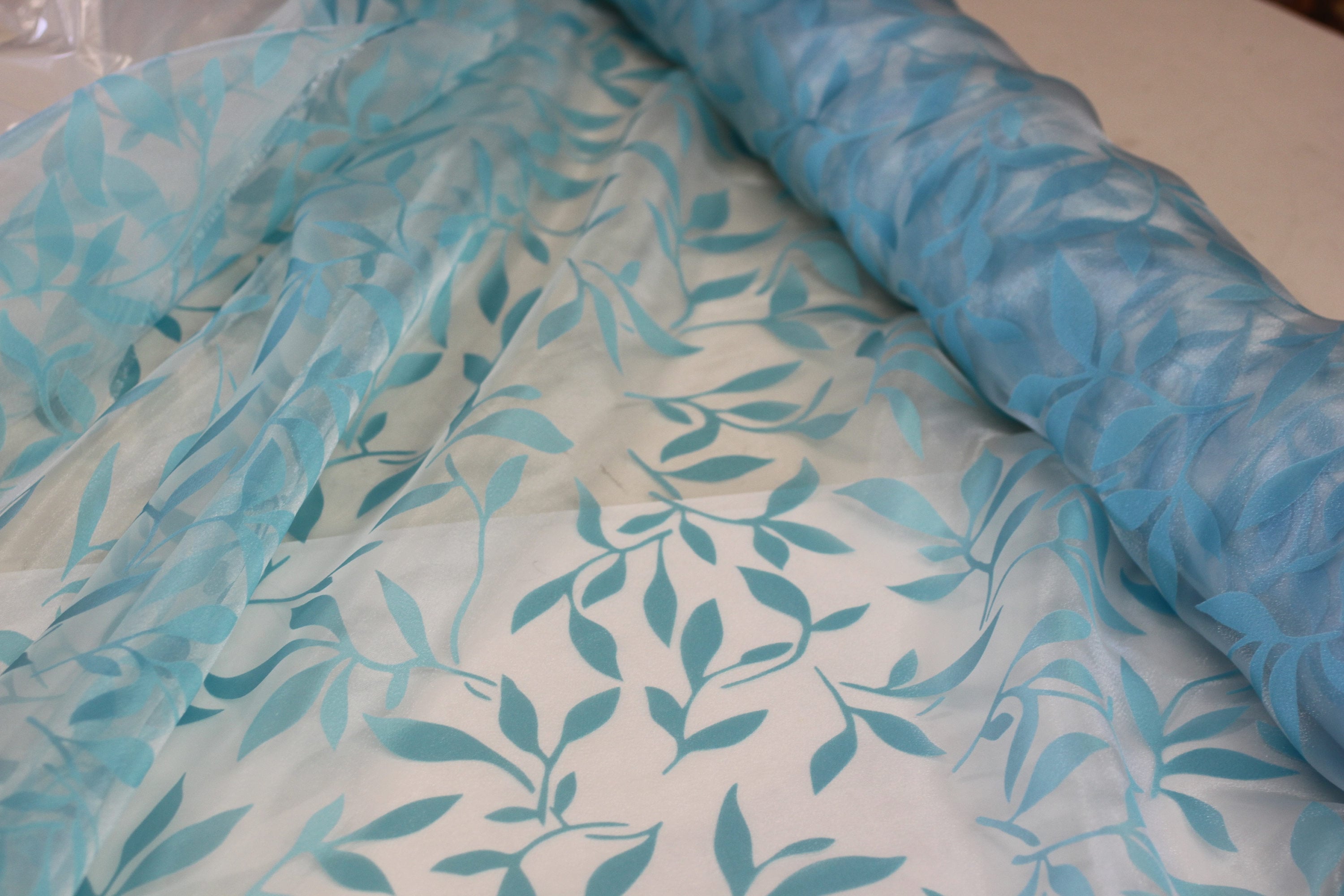 Sheer Leaf Fabric by the Yard, Sheer Burnout Organza Drapery Fabric