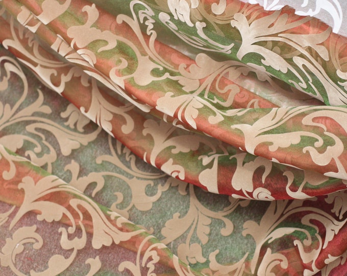 Sheer Fabri, Flock Velvet on Iridescent organza sheer, 54", for Drapery, Dress, Table Decor- Consume Celadon