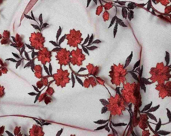 Embroidered Floral on a Sheer Fabric, comes in 5 colors, 54" wide, For Drapery, Dress, Table Decor,