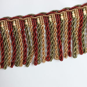 Bullion Fringe Tassel, High end trim, Burg/Gold/Green Mix color, 2.5&quot; high, 1480 color 8770 By Trimland, For Drapery, Bedding, Upholstery,