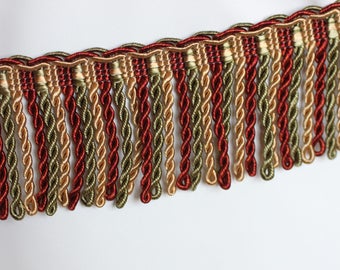 Bullion Fringe Tassel, High end trim, Burg/Gold/Green Mix color, 2.5&quot; high, 1480 color 8770 By Trimland, For Drapery, Bedding, Upholstery,
