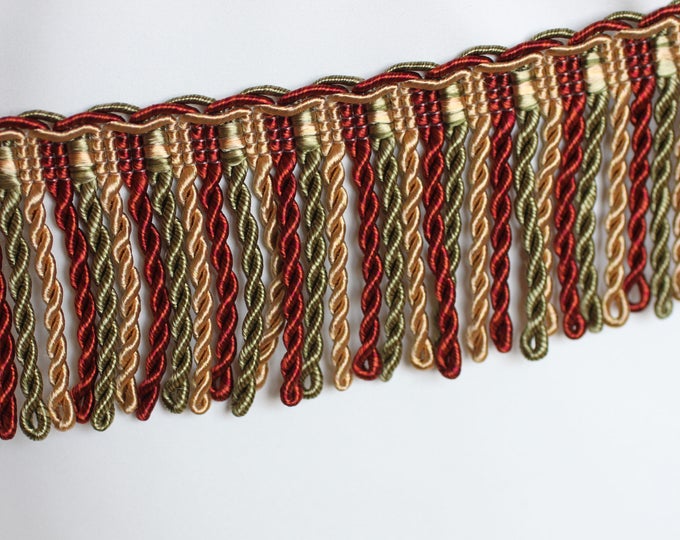 Bullion Fringe Tassel, High end trim, Burg/Gold/Green Mix color, 2.5" high, 1480 color 8770 By Trimland, For Drapery, Bedding, Upholstery,