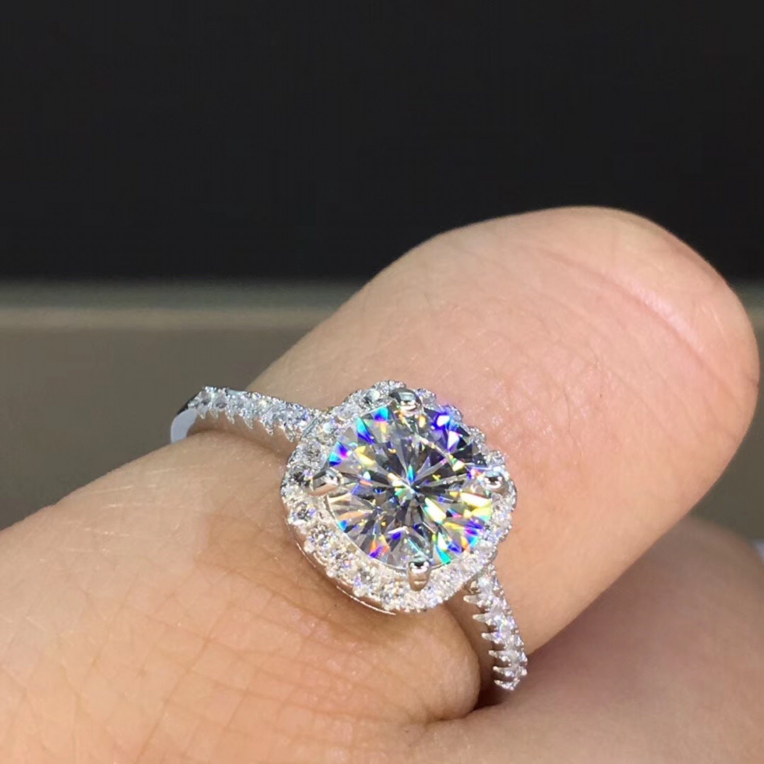 925 Sterling Silver Moissanite Engagement Ring Classic Halo Etsy