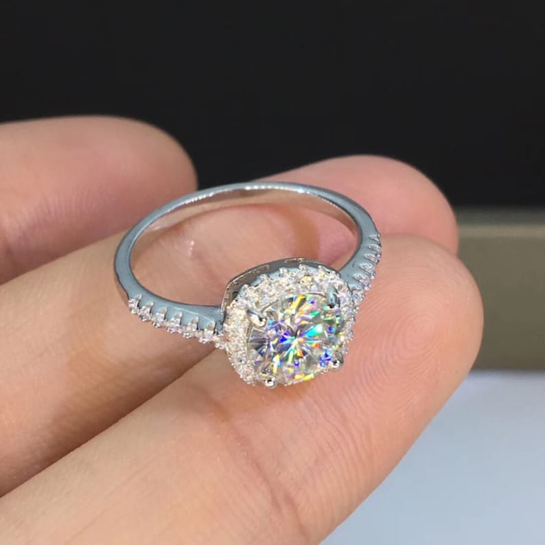 925 Sterling Silver Moissanite Engagement Ring Classic Halo Etsy