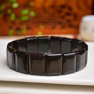 Natural Rainbow Eye Obsidian Bracelet, Rectangular Flat Bead Stretch Bracelet, Polished Black Obsidian Gemstone Jewelry Gift