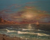 Original Painting 70x50 cm Acrylic on canvas "Ship in a Sunset Over Sea"