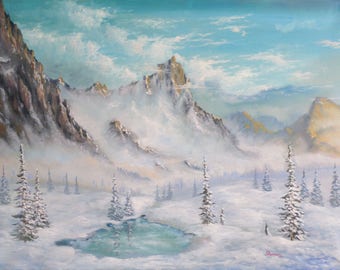 Original Painting 60x80 cm Oil on canvas "Mountain''  Snow, mountain, mountains, winter, sky, landscape, clouds,  Mountain landscape