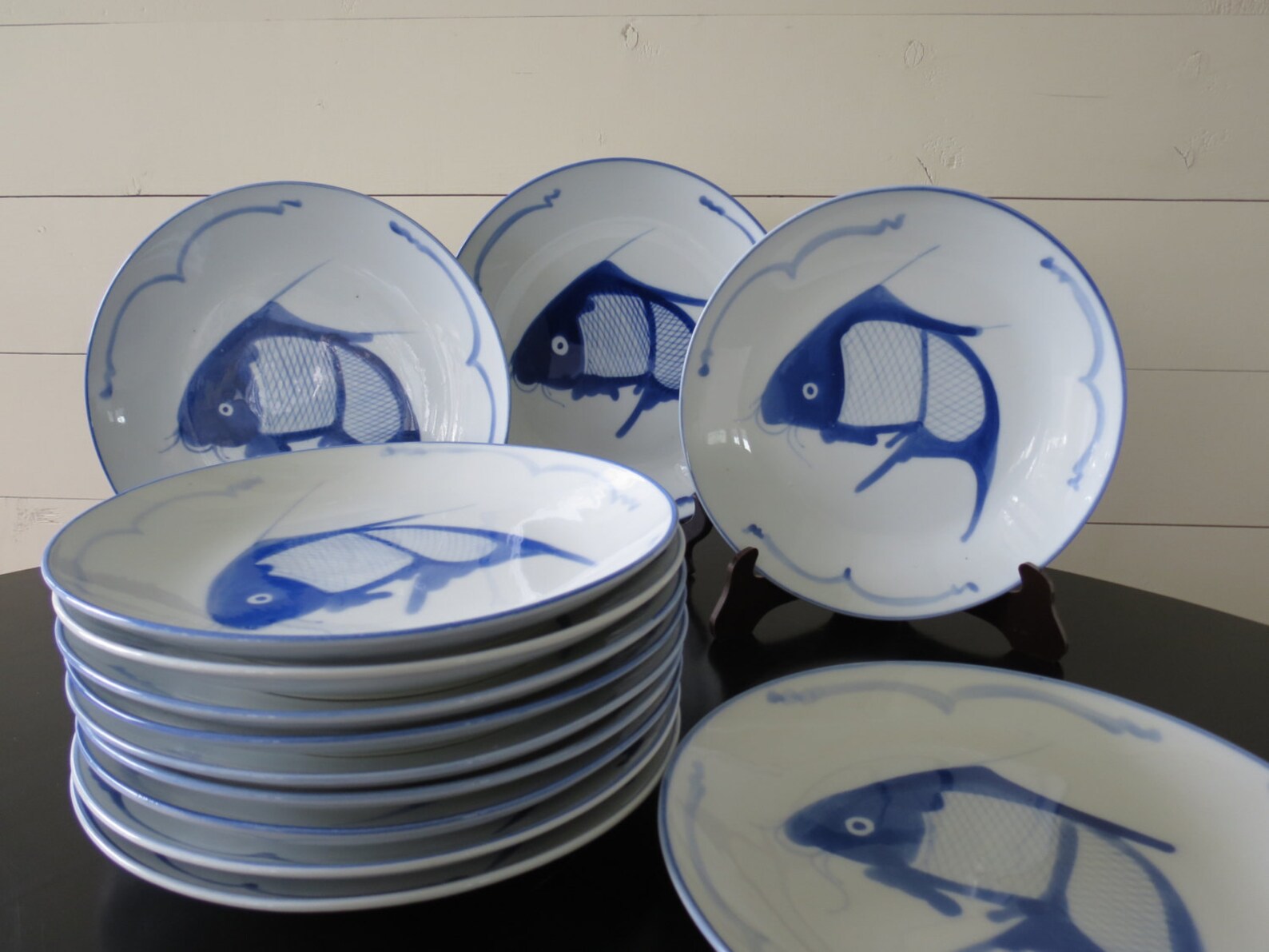Set of 9 Vintage Chinese Blue Koi Fish Dinner Plates Hand Etsy
