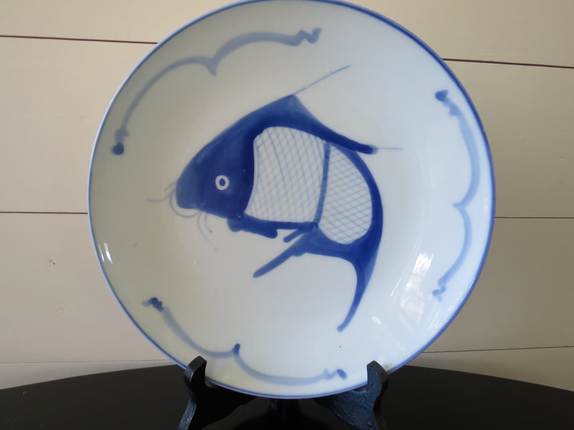 Set of 9 Vintage Chinese Blue Koi Fish Dinner Plates Hand Etsy