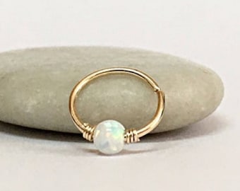 Rook Earring Opal, Cartilage Earring 14K, Rook Piercing Jewelry, Daith Earring 14K Gold, Rook Jewelry, Rose Gold Nose Ring 18K, Helix Hoop