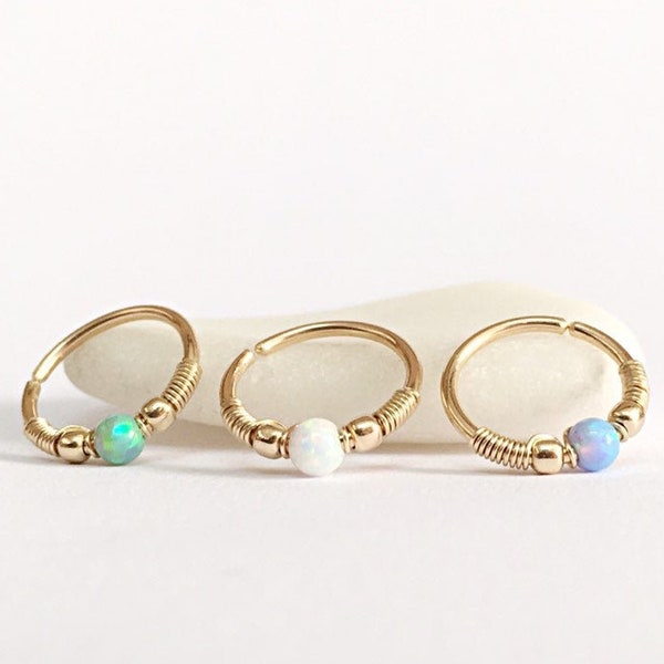 9K Opal Nose Ring Hoop Set of 3 Snug Earrings Helix Hoop Earrings 14K Rook Earring 18g Septum Ring Opal Daith Earring Gold Upper Lobe Hoops