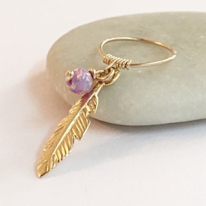 9K Cartilage Earring Gold, Helix Hoop Earring 14K, Feather Earring Dangle, Upper Lobe Earring, Rose Gold Helix Hoop 18K, Upper Lobe Hoops