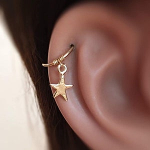 Helix Earring Hoop 14K Gold, Cartilage Hoop Charm, Hoop Earring Dangle, Star Jewelry, Star Piercing Helix, Star Earrings Dangle, Helix Hoop