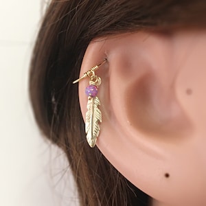 Feather Earring Gold 9K Cartilage Piercing Jewelry, Helix Earring 14K, Second Hole Hoop 18K Earrings Hoop, Feather Jewelry, Helix Hoop Gold