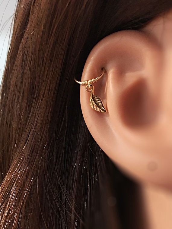 Helix Earring 9K Solid Gold Feather Cartilage Ring Upper Lobe Opal Piercing Hoop 