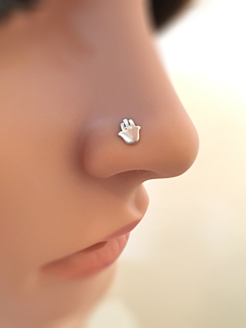 Hamsa Nose Stud 18g, nose stud 20g, nose stud L shape, silver nose stud, hamsa piercing jewelry, nose stud silver, nose piercing stud hamsa image 1