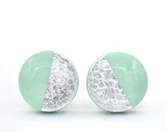 Seafoam Green and Silver Circle Stud Earrings, Cute Clay Stud Earrings, Hypoallergenic Titanium Stud Earrings,