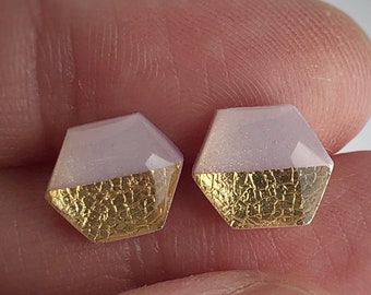 Small pink and gold foil hexagon stud earrings, Modern Polymer Clay Studs made with hypoallergenic titanium for sensitive ears