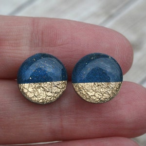 Midnight blue and gold sparkle studs, Pretty Resin Stud Earrings, Navy and Gold Earrings, Hypoallergenic Titanium Stud Earrings for her