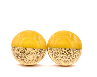 Mustard Yellow and Gold Round Stud Earrings, Titanium Hypoallergenic Polymer Clay Stud Earrings, Resin and Clay Earrings for Sensitive Ears