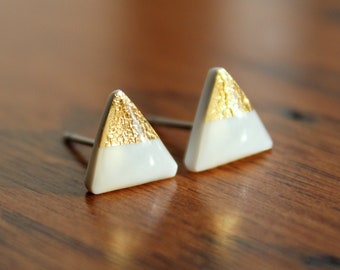 White Triangle Earrings, White and Gold Triangle Stud Earrings, White Geometric Studs, Triangle Studs Hypoallergenic, Titanium Earrings