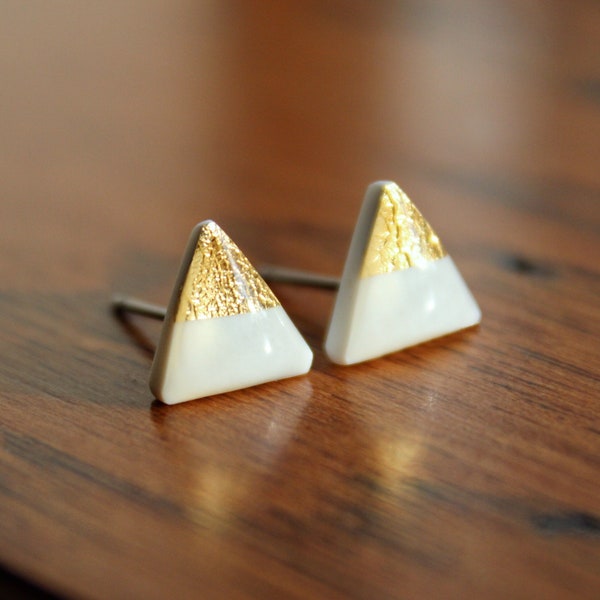 White Triangle Earrings, White and Gold Triangle Stud Earrings, White Geometric Studs, Triangle Studs Hypoallergenic, Titanium Earrings