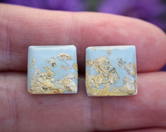 Pale Blue Earrings, Blue Stud Earring Gold, Blue and Gold Studs, Blue Square Stud Earrings, Statement Earrings, Titanium Earrings