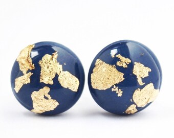 Navy Earrings, Navy Stud Earrings, Navy and Gold Earrings Stud, Dainty Navy Studs, Navy Blue Stud Earrings, Gold Flake Titanium Earrings