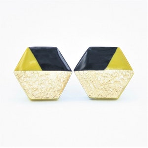 Hexagon Earrings, Chartreuse Earrings, Black and Gold Hexagon Stud Earrings, Geometric Earrings, Titanium Earrings, Nickel Free Studs