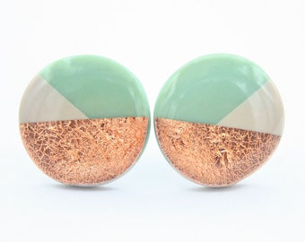 Geometric Jade Stud Earrings, Copper Stud Earrings, Green Earrings, Jade Earrings, Color Bock Earrings, Copper Studs, Titanium Earrings