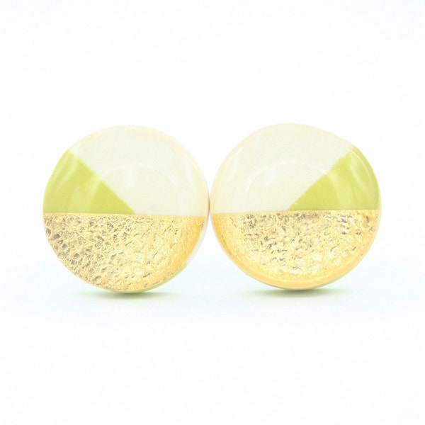 Chartreuse Earrings, White and Gold Stud Earrings, Chartreuse Studs, Chartreuse Stud Earrings, Color Block Earrings, Titanium Earrings