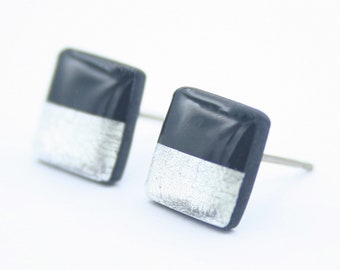 Black Square Studs, Black and Silver Earrings Stud, Black Earrings, Silver and Black Studs, Hypoallergenic Stud, Titanium Earrings